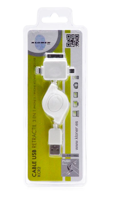 Cable USB Retractil 3 en 1 Iphone 4/4S/5/6/7 y Micro USB Kloner